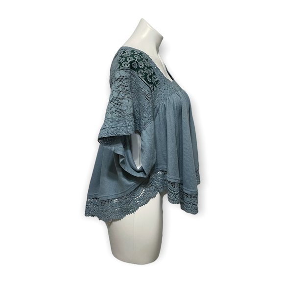 Free People Medium Prairie Days Short Sleeve Square Neck Blue Prairie Boho Top - Picture 4 of 8